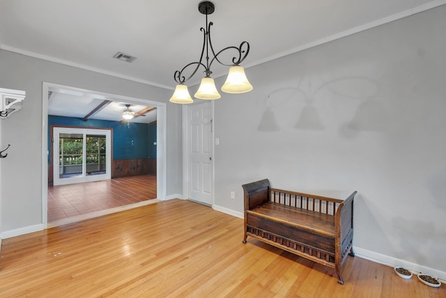 interior space featuring beam ceiling, ceiling fan, and hardwood / wood-style flooring