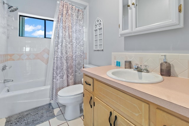 22 Lighthouse Pt, Crawfordville, FL 32327 - bathroom with vanity, shower / tub combo with curtain, decorative backsplash, and tile patterned floors
