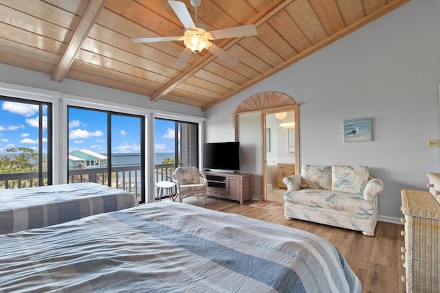 22 Lighthouse Pt, Crawfordville, FL 32327 - bedroom with wood ceiling, access to exterior, connected bathroom, wood finished floors, and ceiling fan