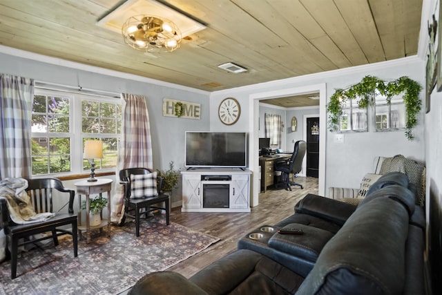 20158 NW Evans Ave, Blountstown, FL 32424 - living room featuring crown molding, wooden ceiling, an office area, and wood finished floors