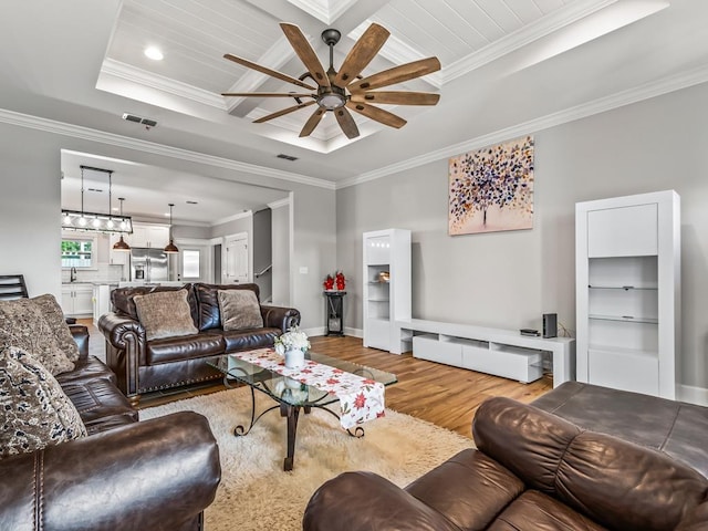 2288 Wabash Trl, Tallahassee, FL 32303 - living room featuring wood finished floors, ornamental molding, a ceiling fan, and recessed lighting