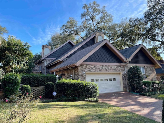 view of front of home with a garage and a front lawn