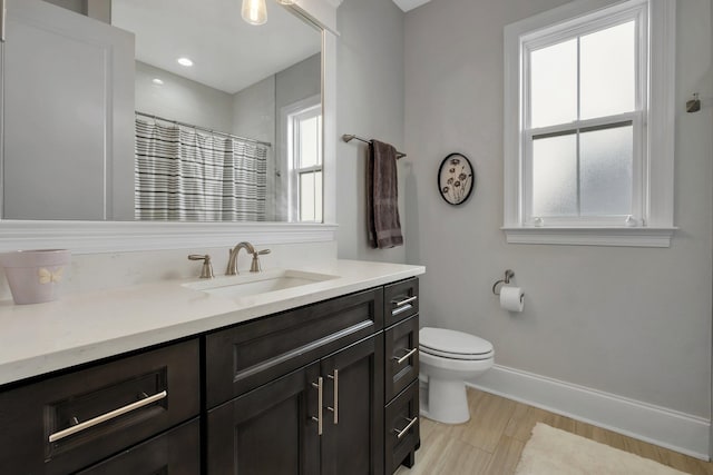 bathroom featuring wood-type flooring, vanity, toilet, and curtained shower