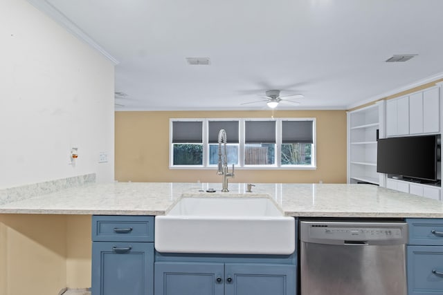 1753 Copperfield Cir, Tallahassee, FL 32312 - kitchen featuring dishwasher, a ceiling fan, ornamental molding, blue cabinetry, and light stone counters