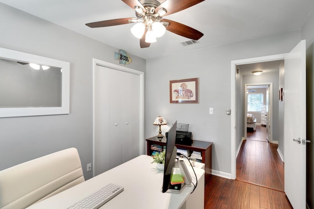 office featuring ceiling fan and dark hardwood / wood-style floors