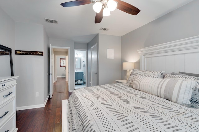 bedroom with dark wood-type flooring and ceiling fan