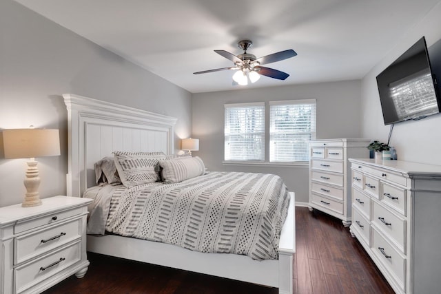 bedroom featuring ceiling fan and dark hardwood / wood-style flooring