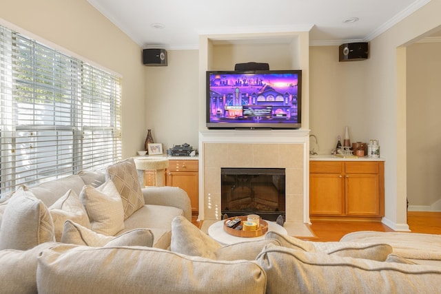 living room with a tiled fireplace, crown molding, and light hardwood / wood-style floors