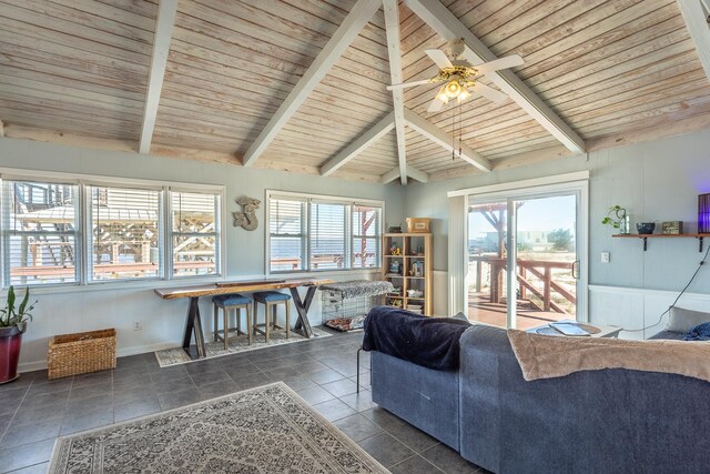 living room with a wealth of natural light, wood ceiling, and vaulted ceiling with beams