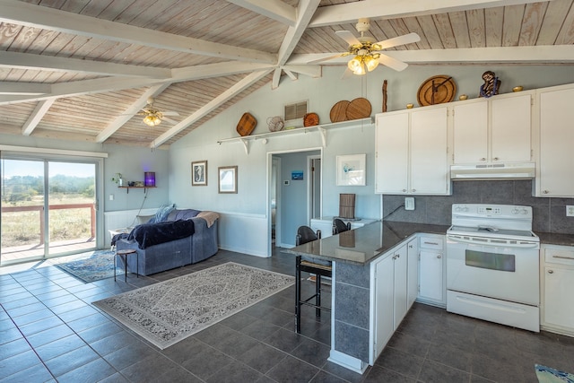 kitchen with white cabinets, beam ceiling, kitchen peninsula, and electric range