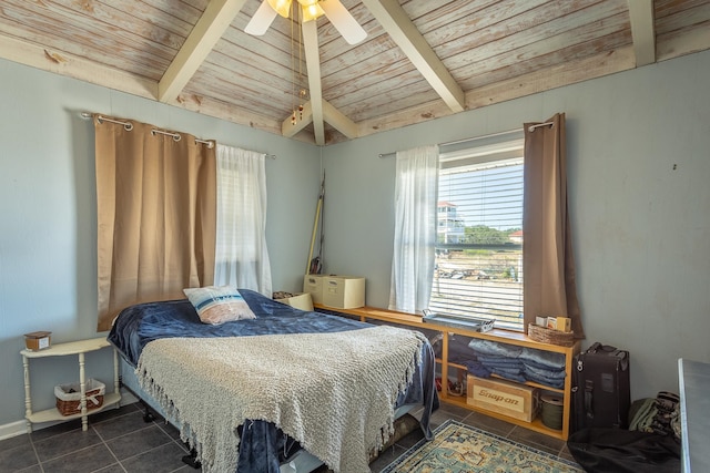 tiled bedroom featuring lofted ceiling with beams, wooden ceiling, and ceiling fan