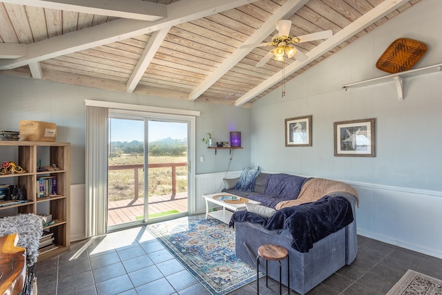 living room featuring wooden ceiling, ceiling fan, and lofted ceiling with beams