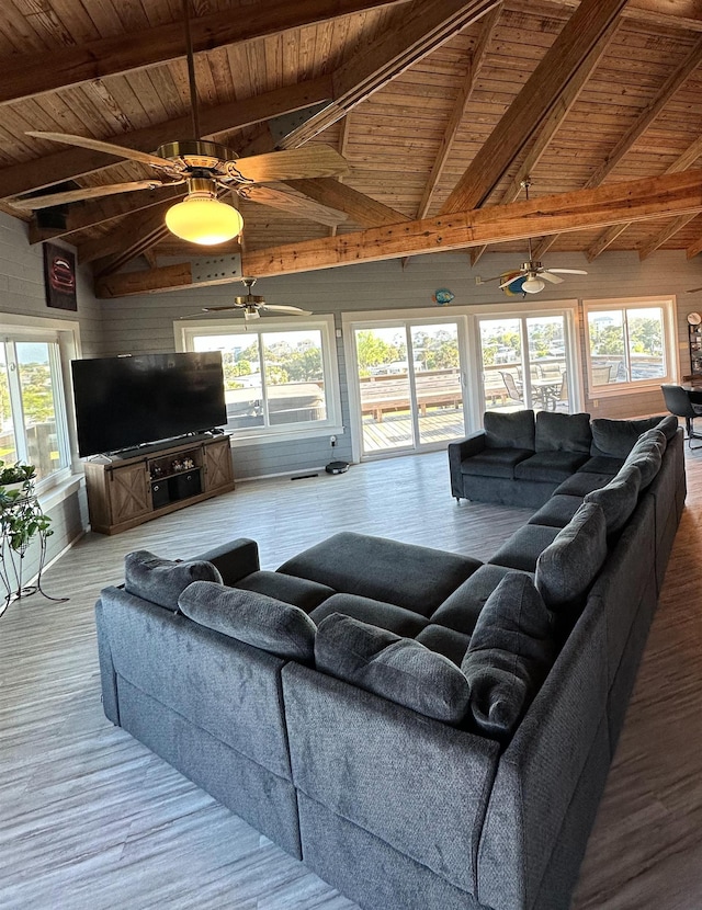 71 Royster Dr, Crawfordville, FL 32327 - living room featuring wood ceiling with exposed beams, a ceiling fan, wood finished floors, high vaulted ceiling, and plenty of natural light