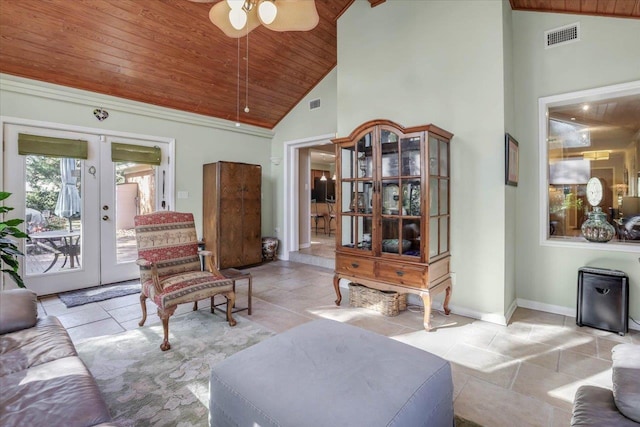 living area featuring visible vents, baseboards, wood ceiling, french doors, and high vaulted ceiling