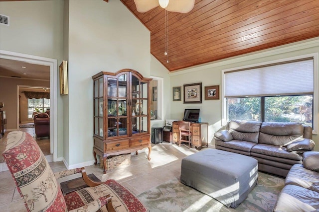 living room featuring high vaulted ceiling, wooden ceiling, light tile patterned flooring, visible vents, and baseboards