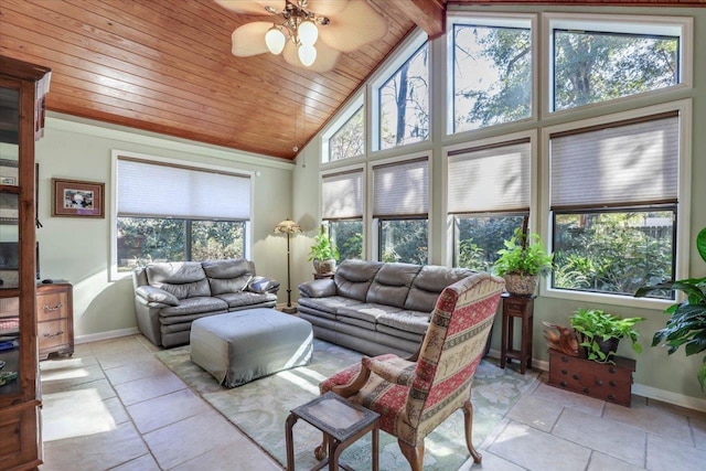 living area with a ceiling fan, a wealth of natural light, wooden ceiling, and baseboards