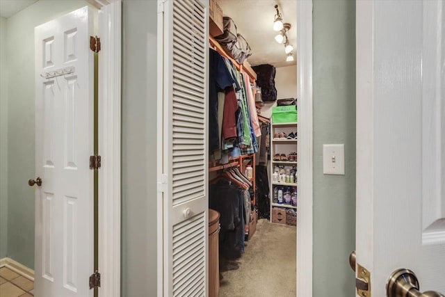 walk in closet with light carpet