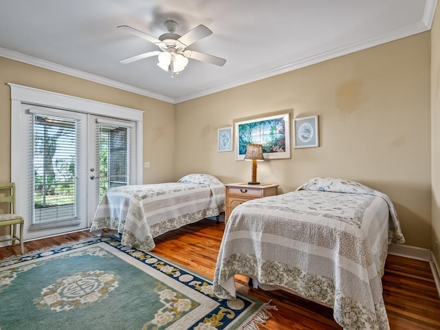 bedroom with access to outside, ceiling fan, crown molding, and dark hardwood / wood-style floors