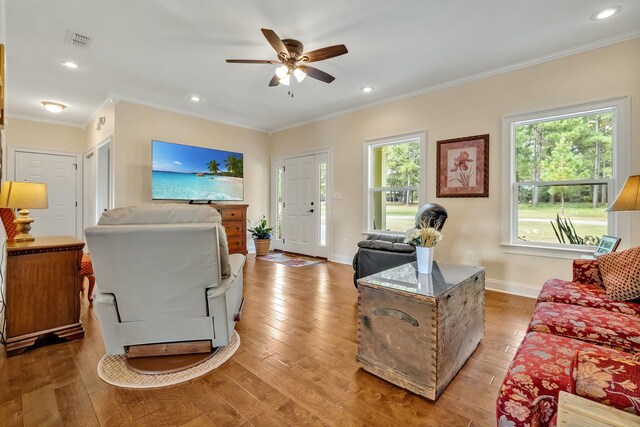 living room featuring ornamental molding, light wood-type flooring, and ceiling fan