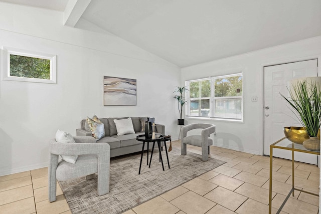 tiled living room featuring lofted ceiling with beams