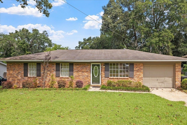 ranch-style home with a garage and a front yard