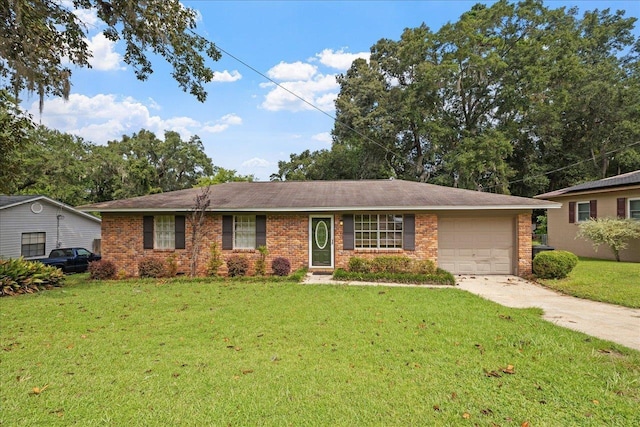 ranch-style house with a garage and a front lawn