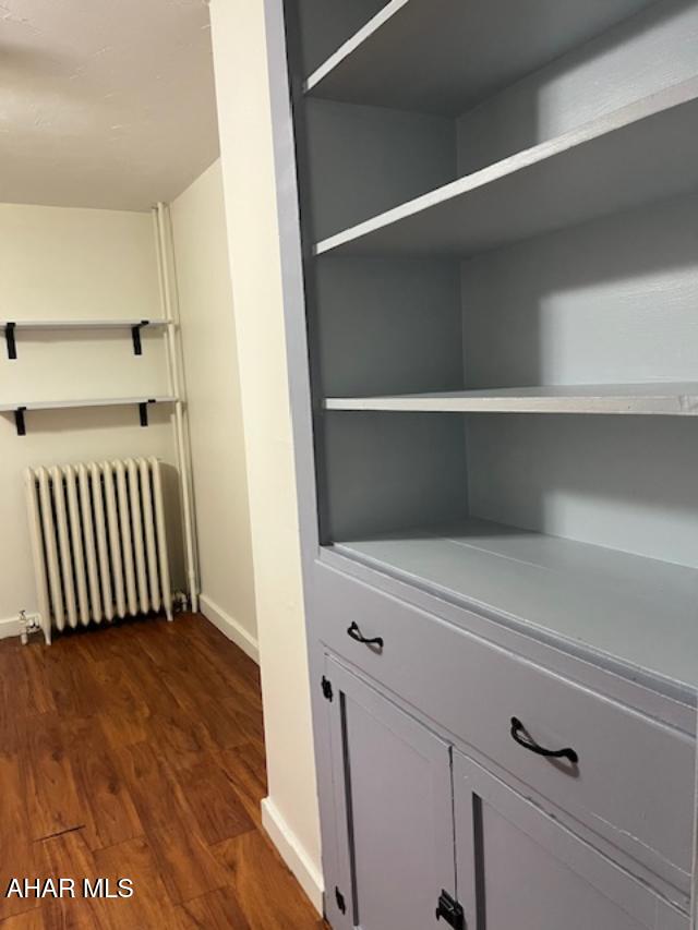 room details featuring radiator heating unit, baseboards, and wood finished floors