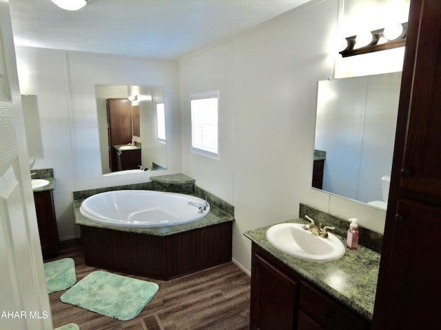 bathroom featuring hardwood / wood-style floors, vanity, and a bathing tub