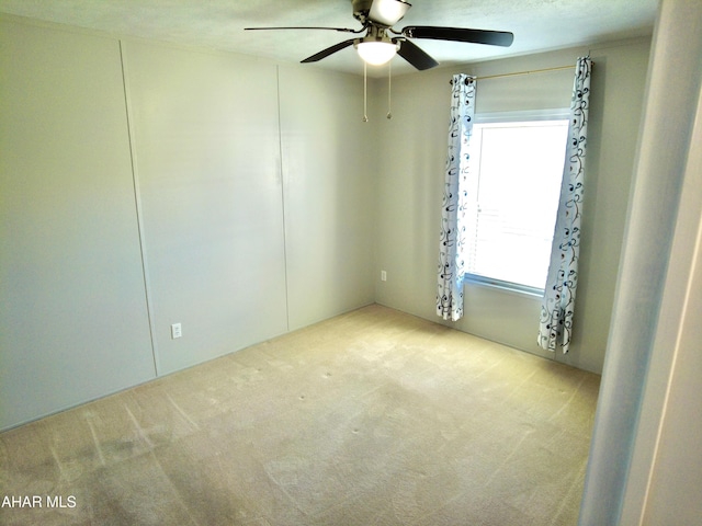 carpeted spare room featuring ceiling fan and a textured ceiling