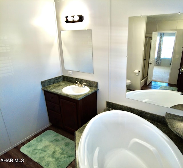 bathroom featuring hardwood / wood-style flooring, vanity, and toilet