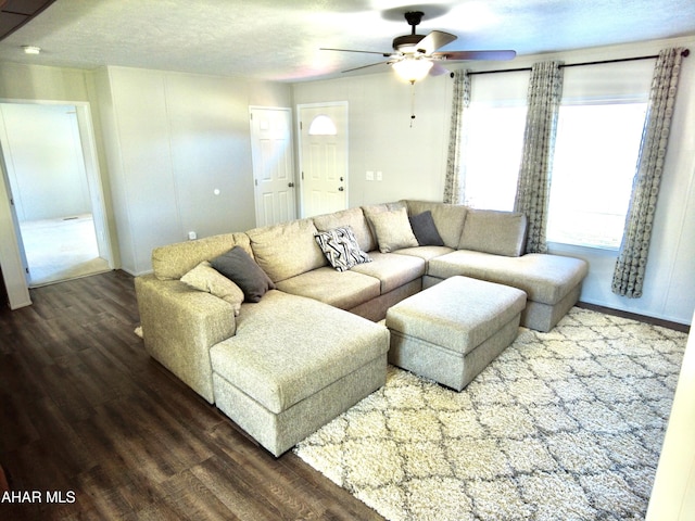 living room featuring hardwood / wood-style floors, ceiling fan, and a textured ceiling