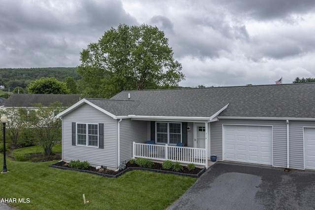 316 Goss Dr, Hollidaysburg, PA 16648 - ranch-style house featuring covered porch, roof with shingles, an attached garage, and a front lawn