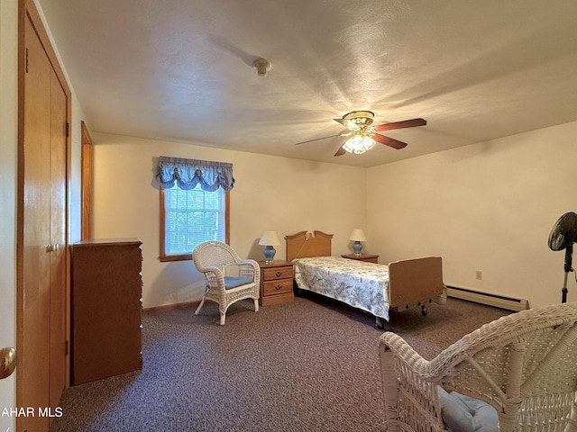 carpeted bedroom with ceiling fan, a baseboard radiator, and a textured ceiling