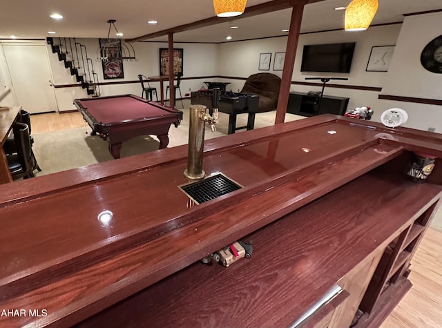 game room featuring pool table and light hardwood / wood-style floors