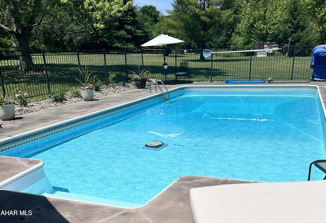 view of swimming pool featuring a lawn