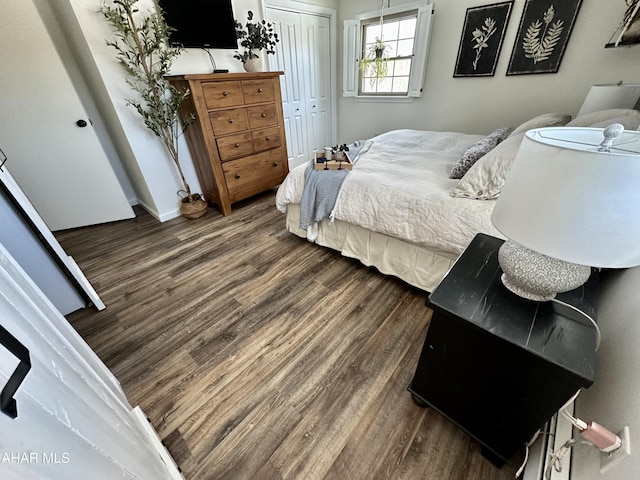 bedroom featuring dark hardwood / wood-style flooring and a closet