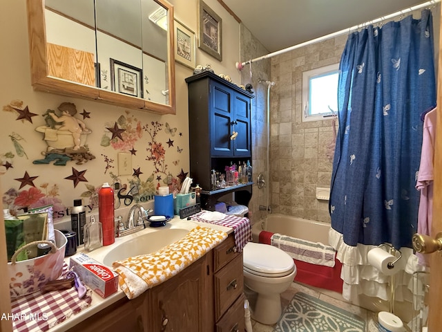 full bathroom featuring tile patterned floors, shower / bath combination with curtain, toilet, and vanity