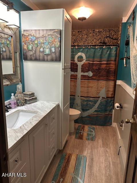 bathroom featuring wood-type flooring, vanity, toilet, and walk in shower