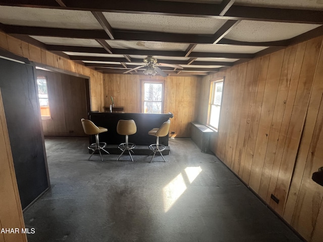 dining room with wooden walls, a healthy amount of sunlight, a dry bar, and ceiling fan