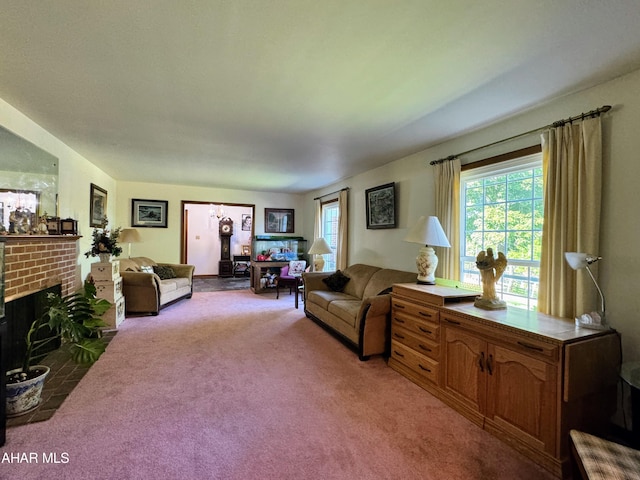 carpeted living room featuring a brick fireplace