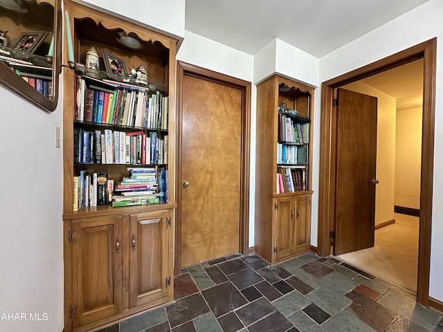 interior space with dark colored carpet