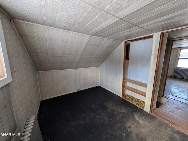 bonus room with radiator and vaulted ceiling