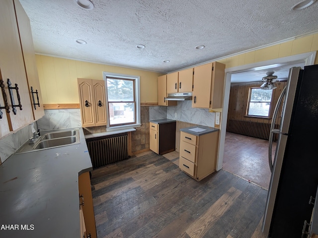 kitchen featuring radiator, under cabinet range hood, freestanding refrigerator, dark wood-style floors, and a sink