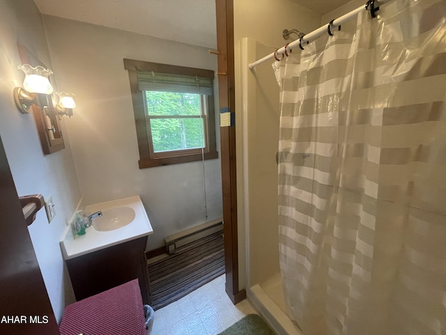849-853 Fairview Rd, Howard, PA 16841 - full bath featuring a baseboard radiator, vanity, and a shower with curtain