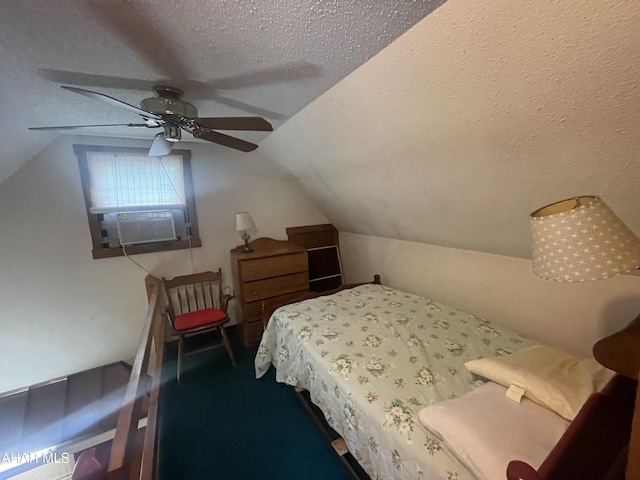 849-853 Fairview Rd, Howard, PA 16841 - carpeted bedroom featuring a textured ceiling, vaulted ceiling, cooling unit, and ceiling fan