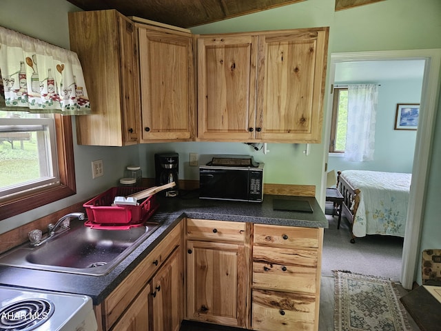 849-853 Fairview Rd, Howard, PA 16841 - kitchen featuring a sink, dark countertops, range, black microwave, and lofted ceiling