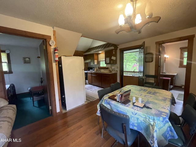 849-853 Fairview Rd, Howard, PA 16841 - dining area with a chandelier, wood finished floors, a textured ceiling, healthy amount of natural light, and vaulted ceiling
