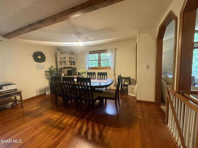 849-853 Fairview Rd, Howard, PA 16841 - dining space with hardwood / wood-style flooring, a ceiling fan, beamed ceiling, and baseboards