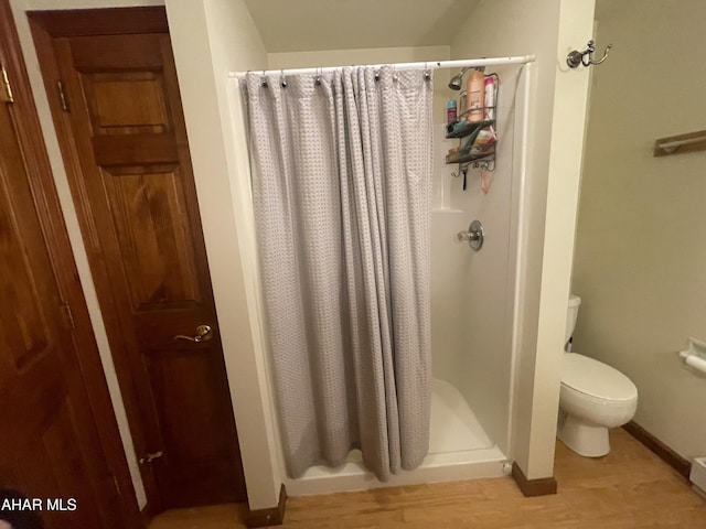 849-853 Fairview Rd, Howard, PA 16841 - bathroom featuring toilet, a shower stall, wood finished floors, and baseboards