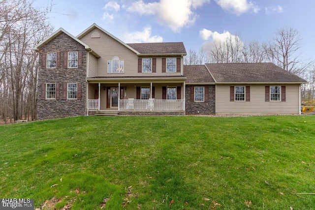215 Oakwood Dr, Philipsburg, PA 16866 - traditional home with covered porch, a front lawn, and stone siding